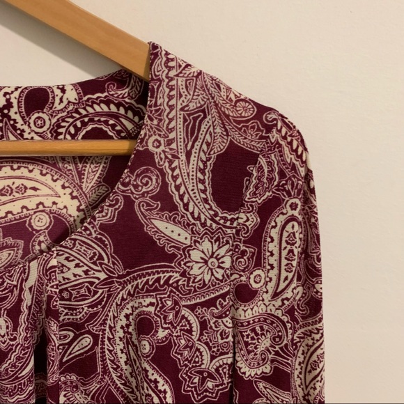VINTAGE | Pleated Paisley Puff Long Sleeve Blouse Crewneck Shirt Top - Picture 3 of 5